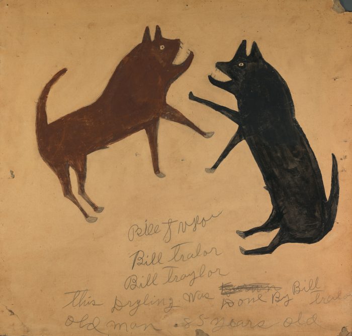 Bill Traylor artwork depiction of a brown  dog fighting a black dog.  Untitled from the collection of the Smithsonian American Art Museum 1994 Bill Traylor Family Trust