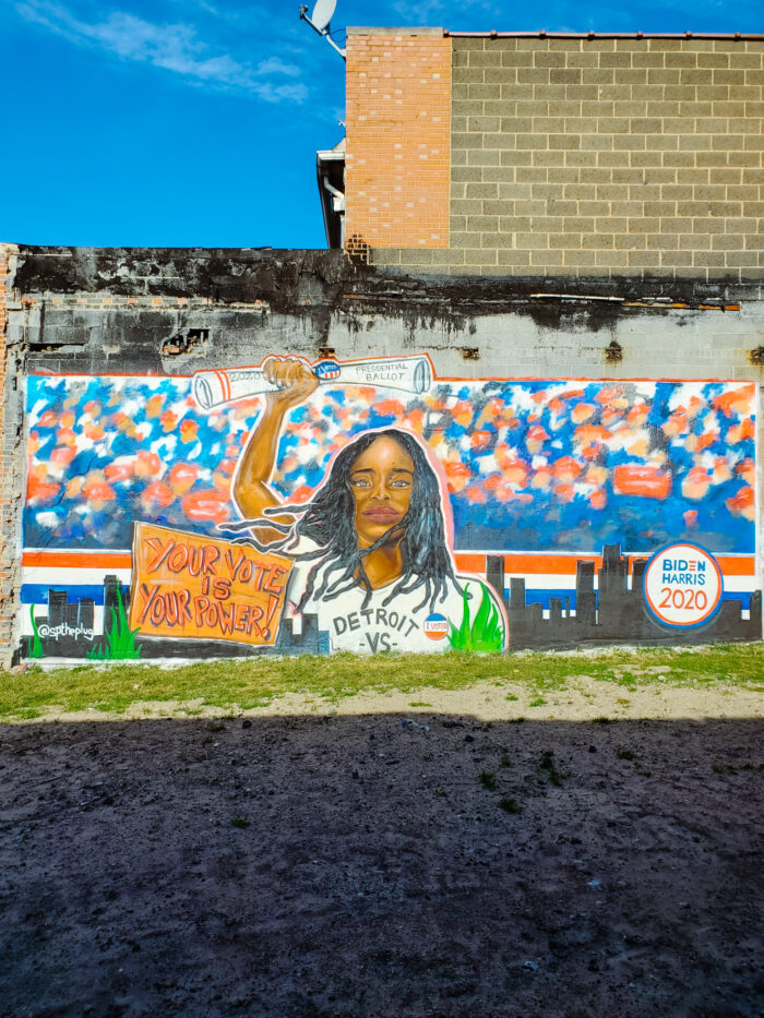 Detroit artist Shawn Perkins painted a mural on Livernois Avenue in Detroit called "Your Vote is Your Power!"
