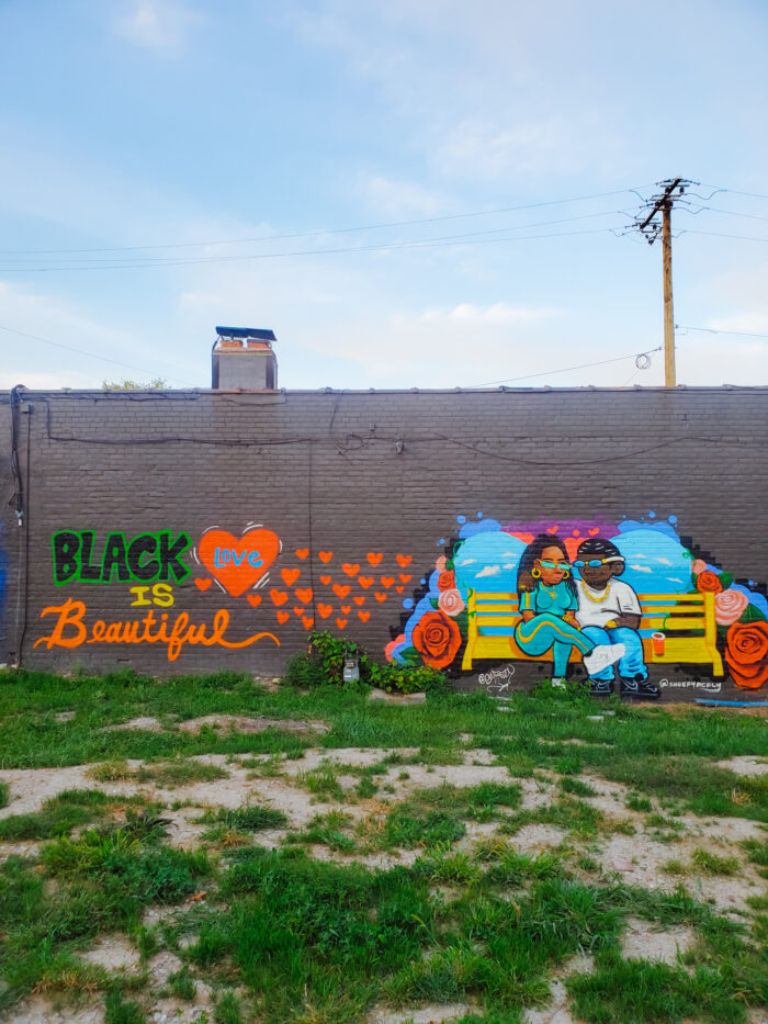 Detroit Artist Sheefy McFly's Mural "Black Love is Beautiful" is located in North End, Detroit.