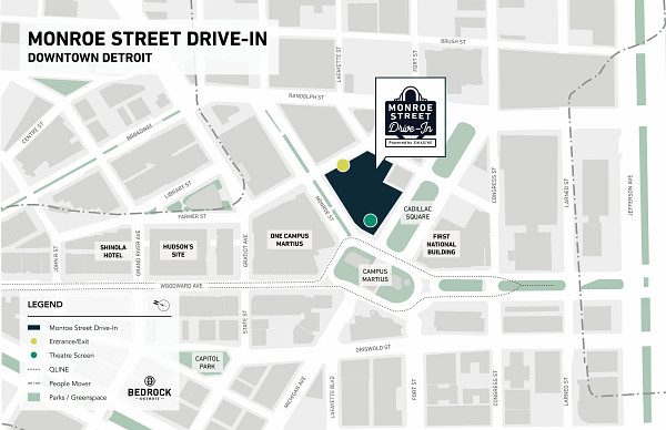 Map of the Monroe Street Drive-In located in Downtown Detroit.