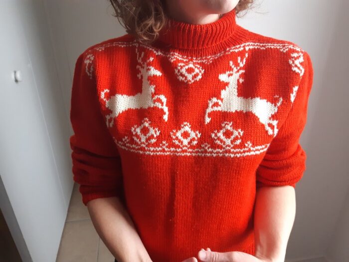1950s red, turtle neck vintage Christmas Sweater with two white deer pattern 